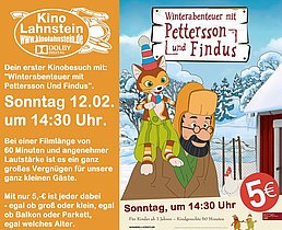 Am Sonntag zeigt das Kino in Lahnstein um 14:30 Uhr die “Winterabenteuer mit Pettersson und Findus”.