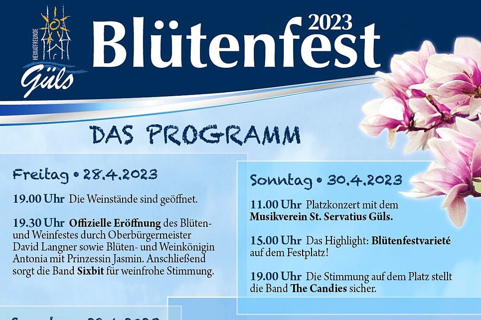 Eröffnet wid das Gülser Blütenfest am Freitag um 19:30 Uhr durch den Oberbürgermeister David Langner.