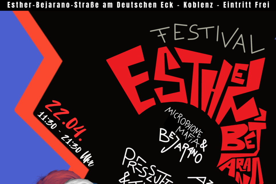 Am kommenden Samstag, wird in Koblenz das erste Esther-Bejarano-Festival mit zahlreichen Künstlern an der Esther-Bejarano-Straße, nahe dem Deutschen Eck stattfinden.
