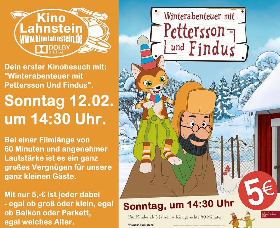 Am Sonntag zeigt das Kino in Lahnstein um 14:30 Uhr die “Winterabenteuer mit Pettersson und Findus”.